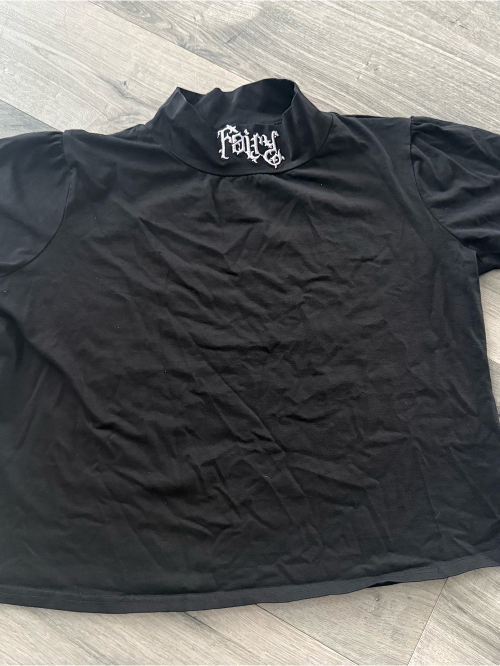 Widow Black Crop Top with Gothic ‘Fairy’ Embroidered on Neck